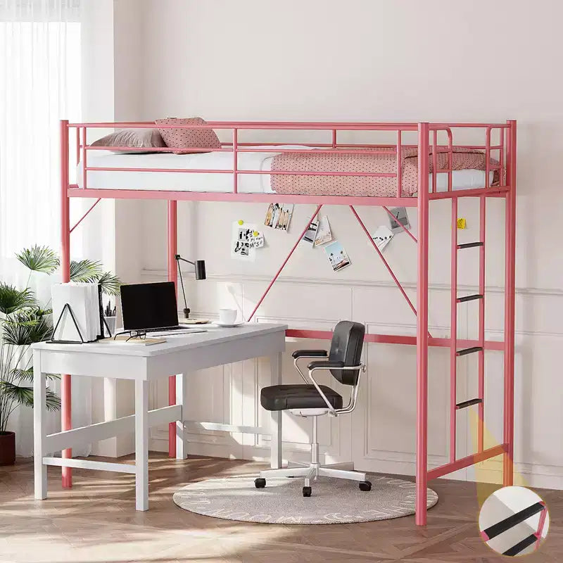 VINGLI Twin Loft Bed with Flat Rungs for Adults, Kids and Young Teens, No Box Spring Required,Heavy Duty Metal Slat Support, Pink