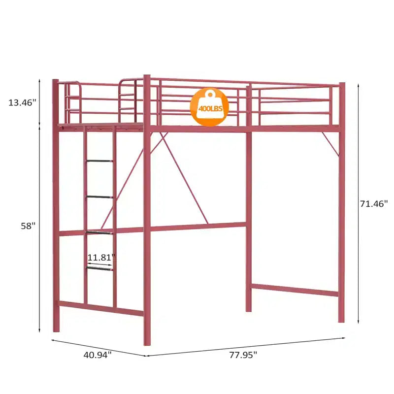Twin Loft Bed with Flat Rungs for Adults, Kids and Young Teens, No Box Spring Required,Heavy Duty Metal Slat Support, Pink