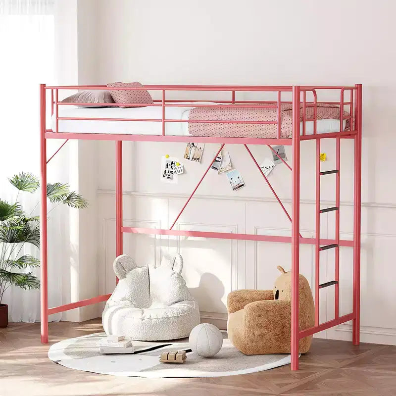 Twin Loft Bed with Flat Rungs for Adults, Kids and Young Teens, No Box Spring Required,Heavy Duty Metal Slat Support, Pink