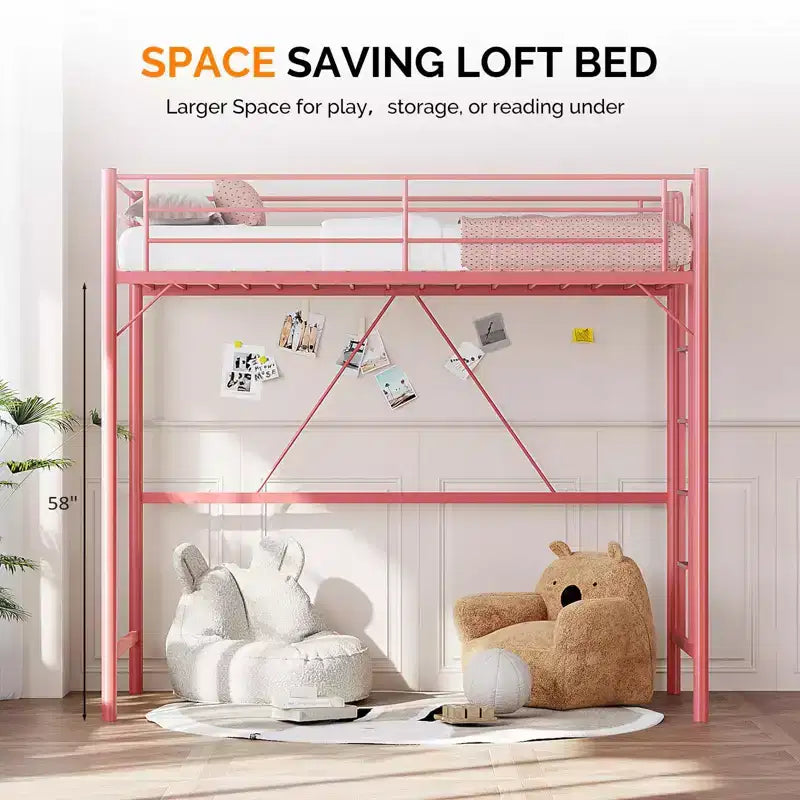 Twin Loft Bed with Flat Rungs for Adults, Kids and Young Teens, No Box Spring Required,Heavy Duty Metal Slat Support, Pink
