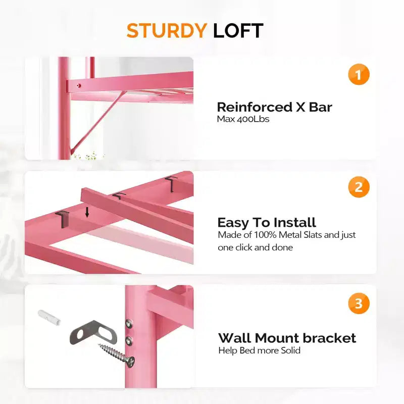 Twin Loft Bed with Flat Rungs for Adults, Kids and Young Teens, No Box Spring Required,Heavy Duty Metal Slat Support, Pink