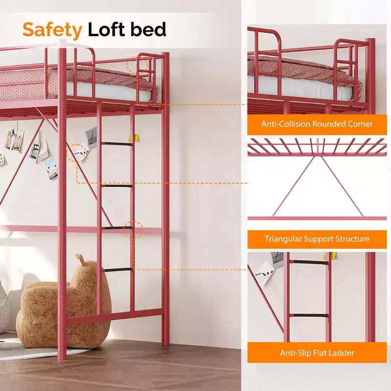 Twin Loft Bed with Flat Rungs for Adults, Kids and Young Teens, No Box Spring Required,Heavy Duty Metal Slat Support, Pink