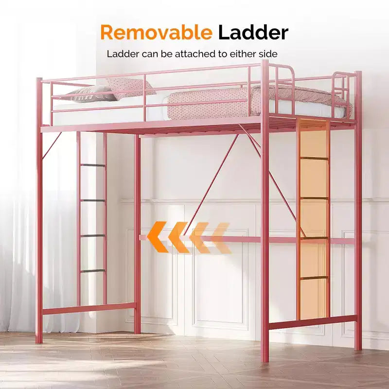 Twin Loft Bed with Flat Rungs for Adults, Kids and Young Teens, No Box Spring Required,Heavy Duty Metal Slat Support, Pink