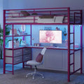 VINGLI Full Metal Loft Bed with Desk,15 Inches Guardrail,Non-Slip Ladder,2 Charging Stations,4 Drawers/Storage Shelves/LED,No Box Spring Needed,Pink
