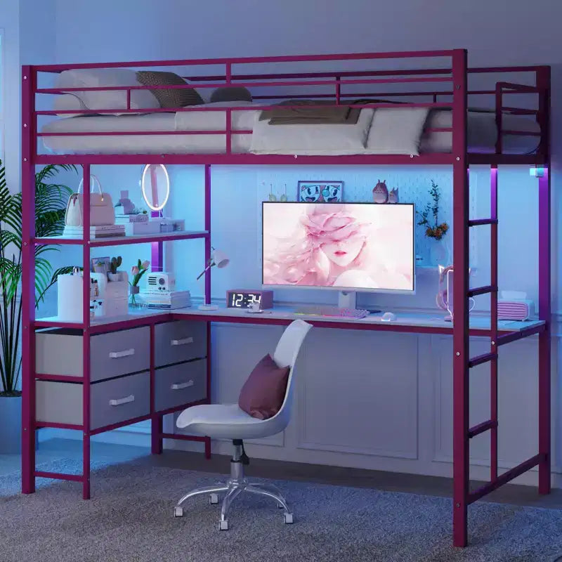 VINGLI Full Metal Loft Bed with Desk,15 Inches Guardrail,Non-Slip Ladder,2 Charging Stations,4 Drawers/Storage Shelves/LED,No Box Spring Needed,Pink