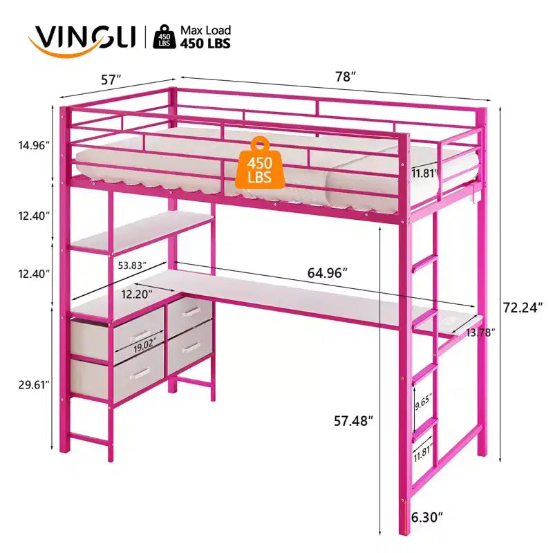 Full Metal Loft Bed with Desk,15 Inches Guardrail,Non-Slip Ladder,2 Charging Stations,4 Drawers/Storage Shelves/LED,No Box Spring Needed,Pink