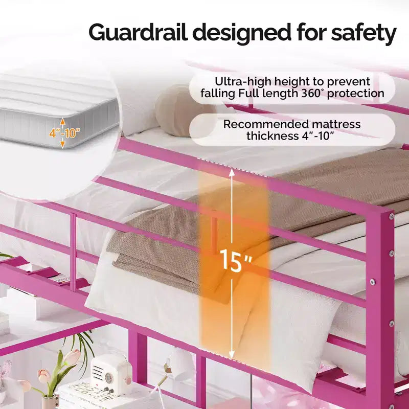 Full Metal Loft Bed with Desk,15 Inches Guardrail,Non-Slip Ladder,2 Charging Stations,4 Drawers/Storage Shelves/LED,No Box Spring Needed,Pink
