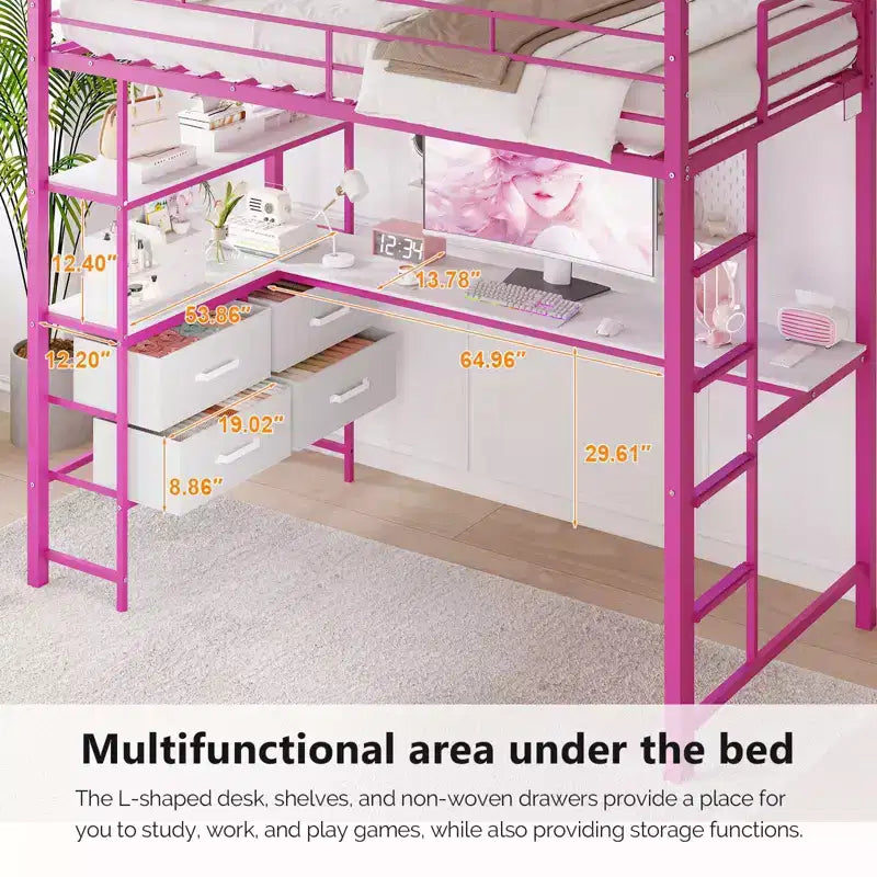 Full Metal Loft Bed with Desk,15 Inches Guardrail,Non-Slip Ladder,2 Charging Stations,4 Drawers/Storage Shelves/LED,No Box Spring Needed,Pink