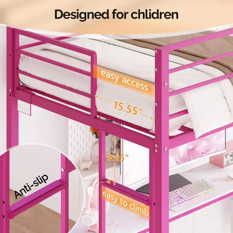 Full Metal Loft Bed with Desk,15 Inches Guardrail,Non-Slip Ladder,2 Charging Stations,4 Drawers/Storage Shelves/LED,No Box Spring Needed,Pink