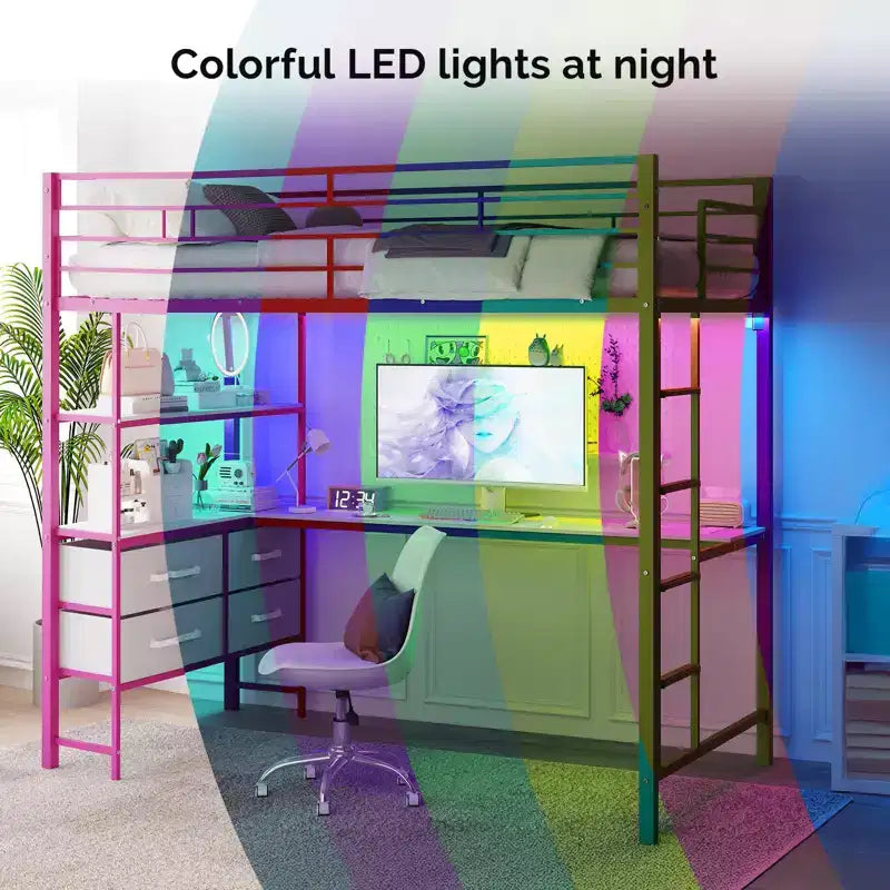 Full Metal Loft Bed with Desk,15 Inches Guardrail,Non-Slip Ladder,2 Charging Stations,4 Drawers/Storage Shelves/LED,No Box Spring Needed,Pink