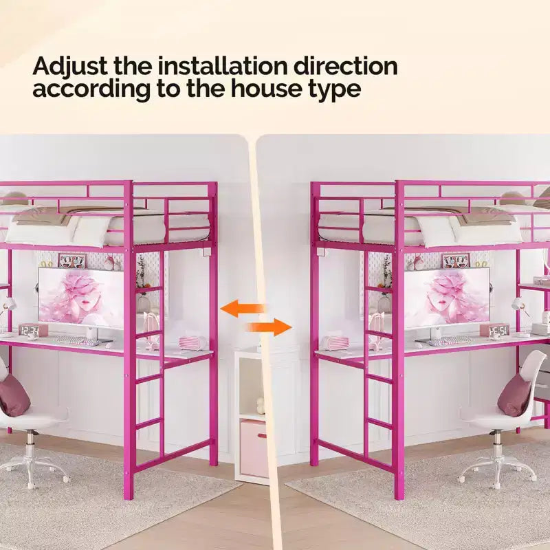 Full Metal Loft Bed with Desk,15 Inches Guardrail,Non-Slip Ladder,2 Charging Stations,4 Drawers/Storage Shelves/LED,No Box Spring Needed,Pink