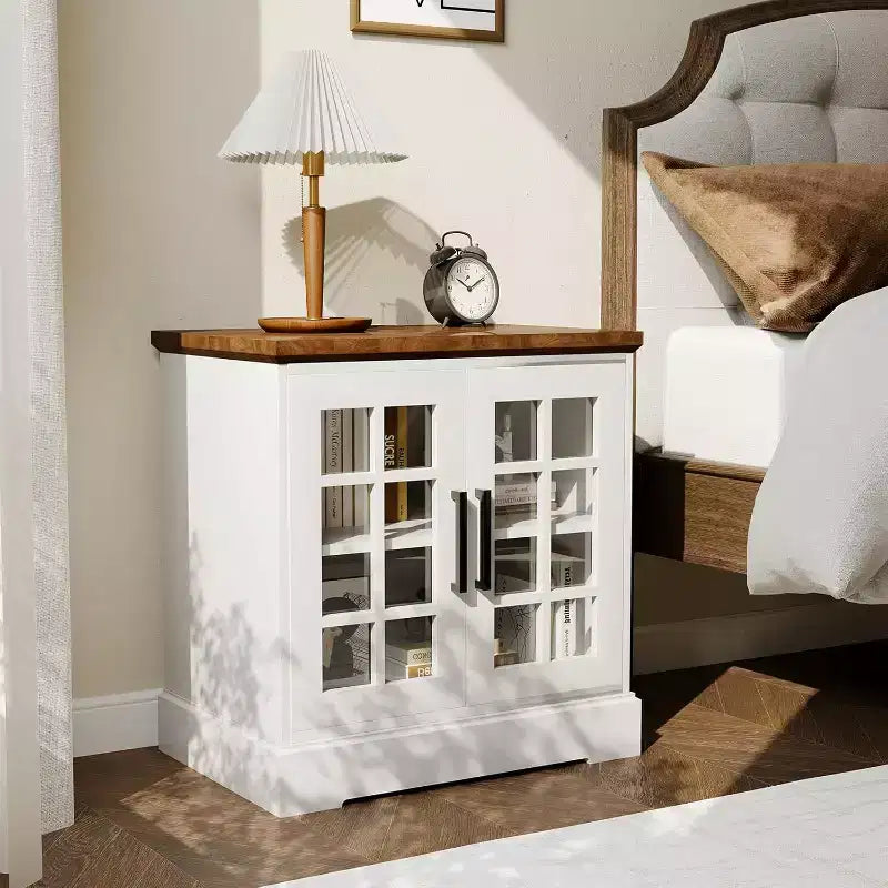24 Inch Nightstand with Charging Station, Tempered Glass Door and Adjustable Shelves, Farmhouse Style Wood Nightstand