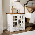 24 Inch Nightstand with Charging Station, Tempered Glass Door and Adjustable Shelves, Farmhouse Style Wood Nightstand