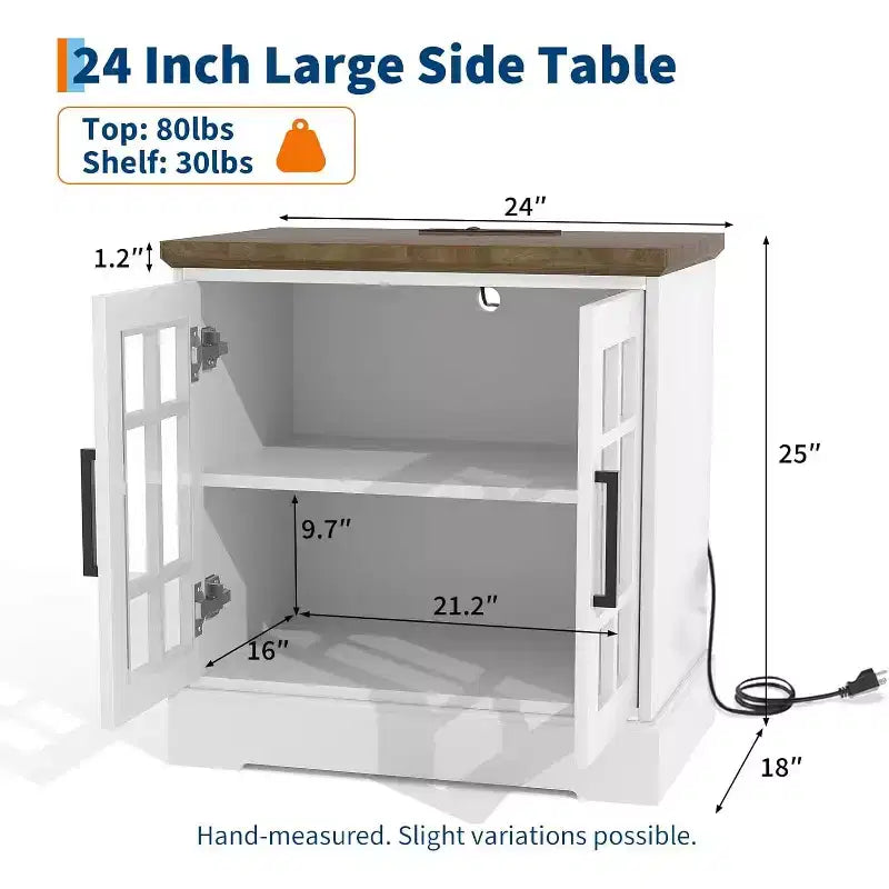 24 Inch Nightstand with Charging Station, Tempered Glass Door and Adjustable Shelves, Farmhouse Style Wood Nightstand