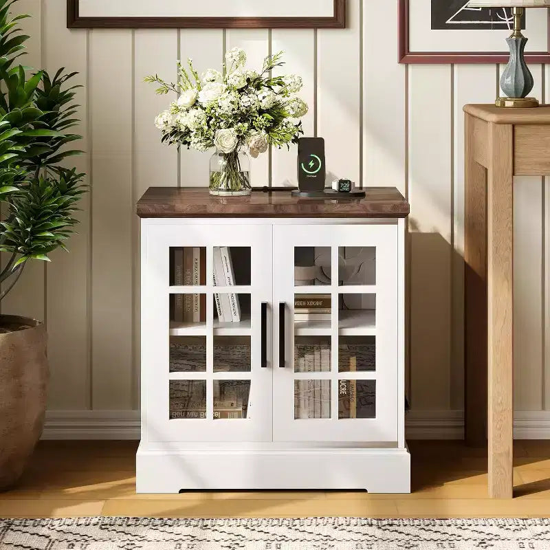 24 Inch Nightstand with Charging Station, Tempered Glass Door and Adjustable Shelves, Farmhouse Style Wood Nightstand