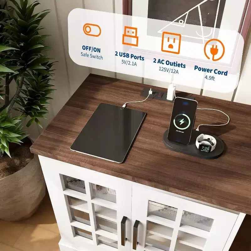 24 Inch Nightstand with Charging Station, Tempered Glass Door and Adjustable Shelves, Farmhouse Style Wood Nightstand