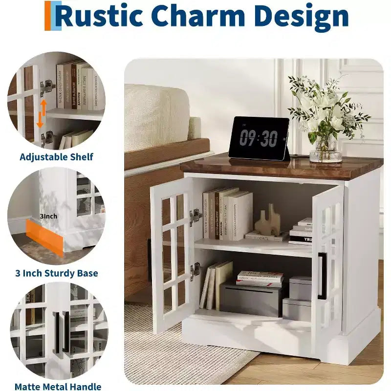 24 Inch Nightstand with Charging Station, Tempered Glass Door and Adjustable Shelves, Farmhouse Style Wood Nightstand
