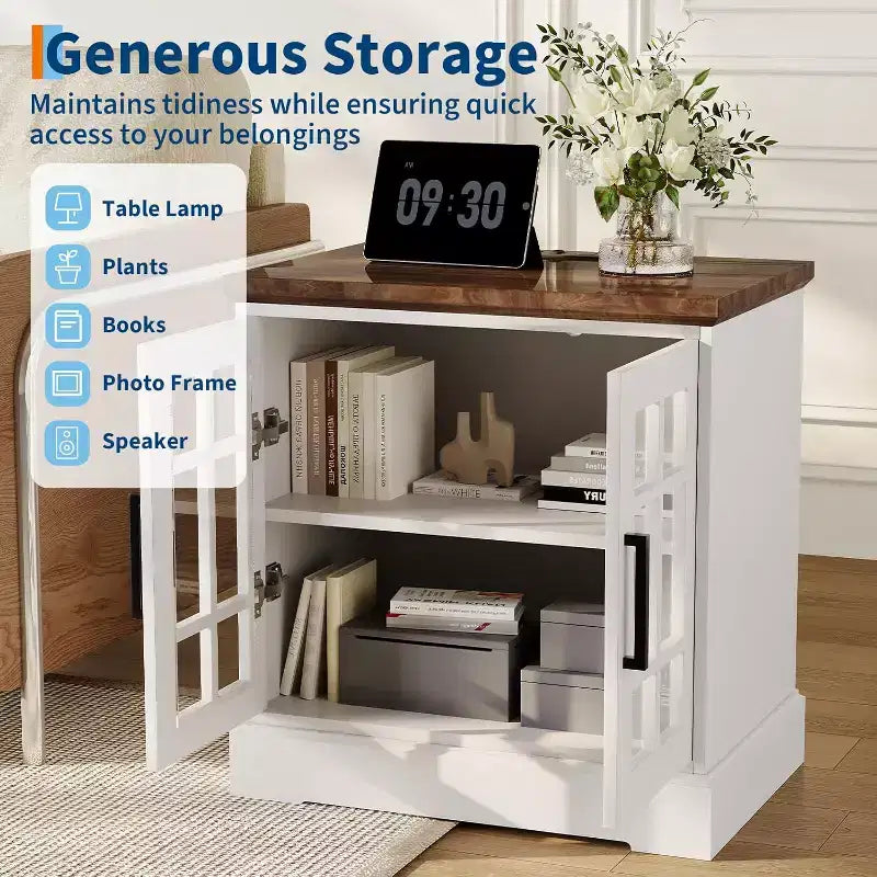 24 Inch Nightstand with Charging Station, Tempered Glass Door and Adjustable Shelves, Farmhouse Style Wood Nightstand