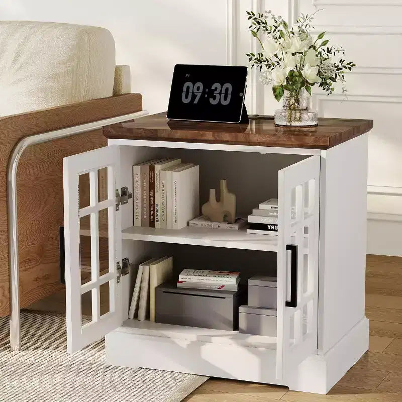 24 Inch Nightstand with Charging Station, Tempered Glass Door and Adjustable Shelves, Farmhouse Style Wood Nightstand