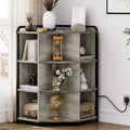 Acekool Corner Cabinet with Charging Station, 3-Tier Triangle Bookcase with USB Ports, Outlets & 9 Cube Organizer for Bedroom, Office, Living Room
