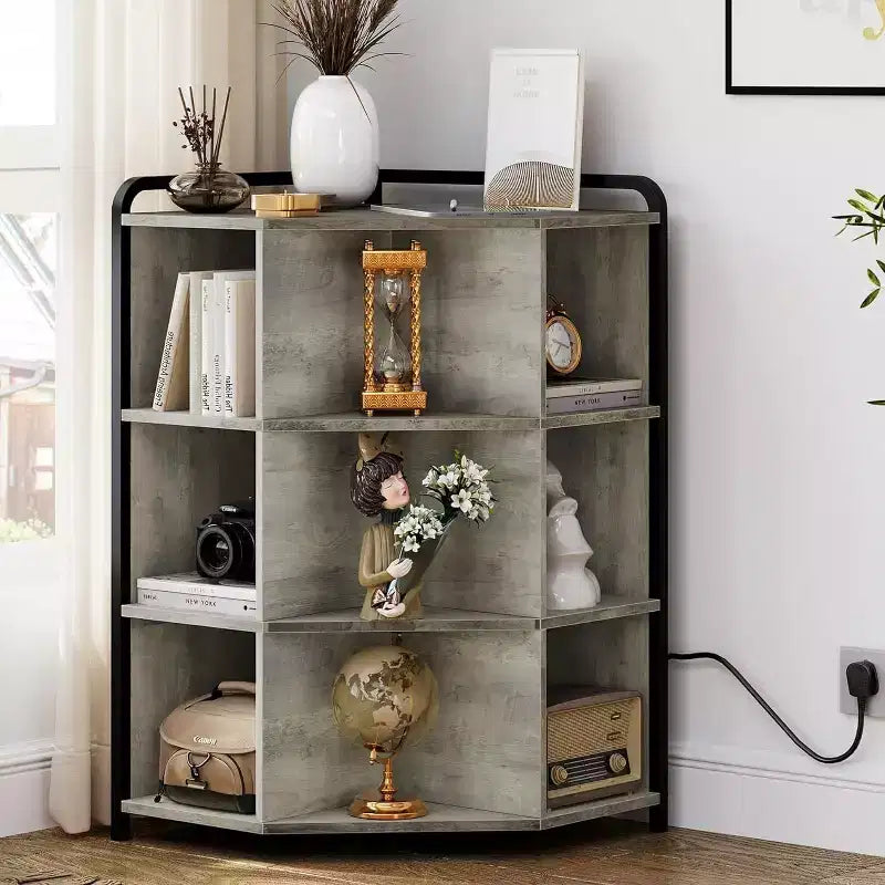 Acekool Corner Cabinet with Charging Station, 3-Tier Triangle Bookcase with USB Ports, Outlets & 9 Cube Organizer for Bedroom, Office, Living Room