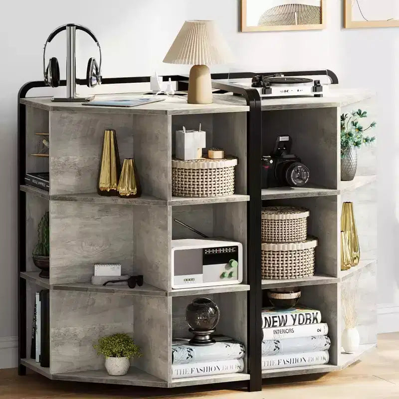 Corner Cabinet with Charging Station, 3-Tier Triangle Bookcase with USB Ports, Outlets & 9 Cube Organizer for Bedroom, Office, Living Room
