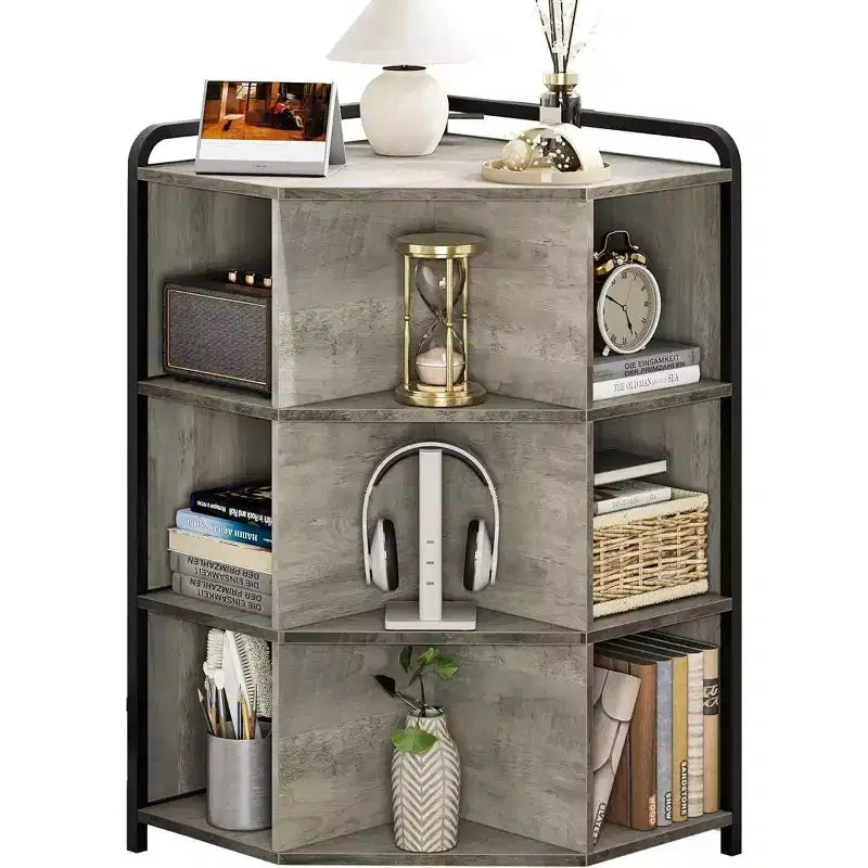 Corner Cabinet with Charging Station, 3-Tier Triangle Bookcase with USB Ports, Outlets & 9 Cube Organizer for Bedroom, Office, Living Room
