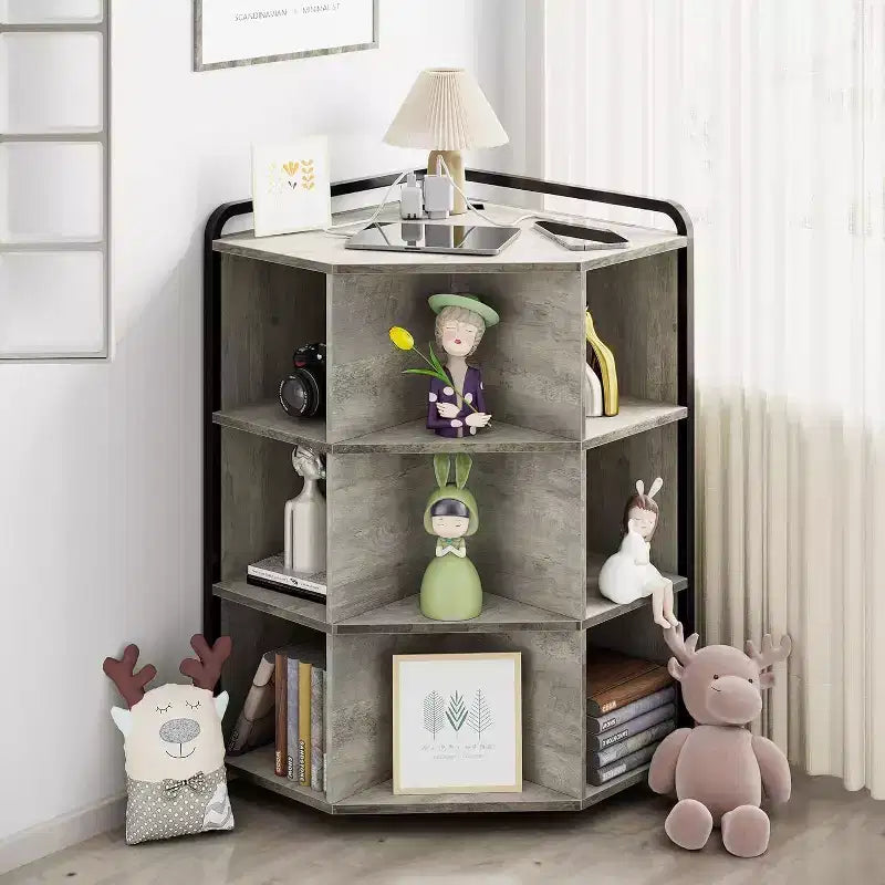 Corner Cabinet with Charging Station, 3-Tier Triangle Bookcase with USB Ports, Outlets & 9 Cube Organizer for Bedroom, Office, Living Room