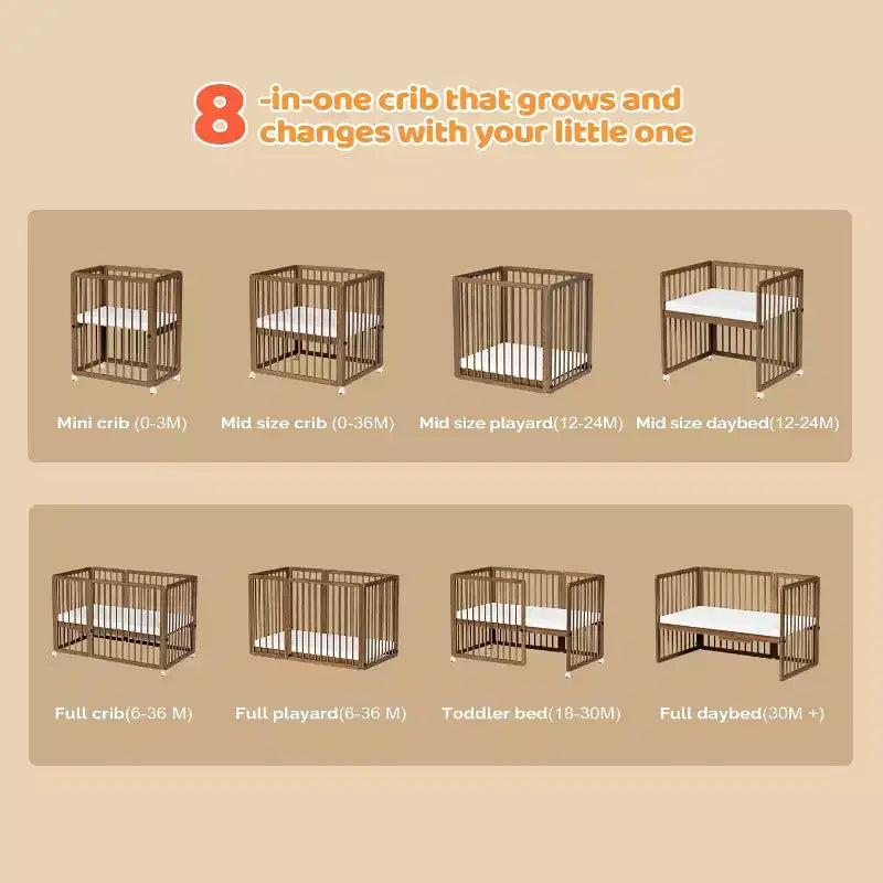 8 in 1 Convertible Crib, Include 2 Mattress, Converts to Bassinet, Mid Crib, Full Size Crib, Daybed,Toddler Bed and Playard