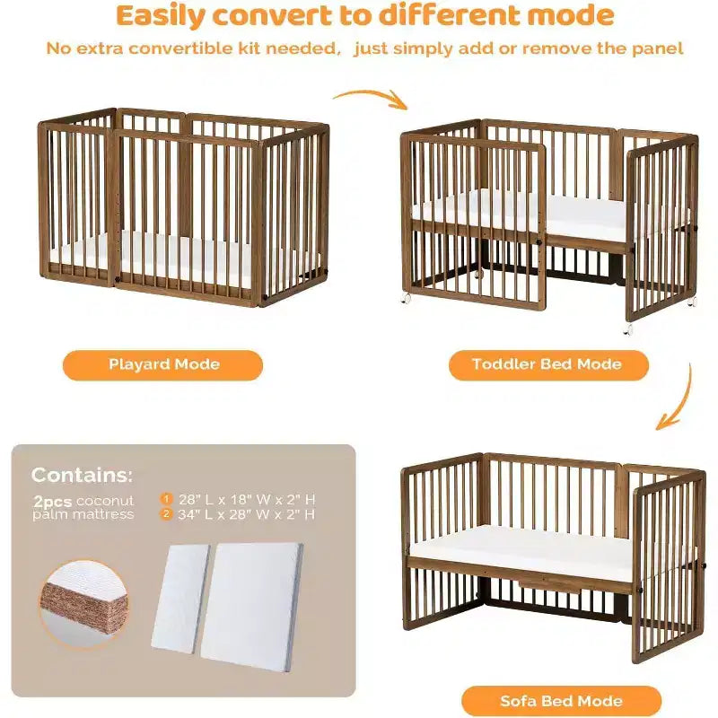 8 in 1 Convertible Crib, Include 2 Mattress, Converts to Bassinet, Mid Crib, Full Size Crib, Daybed,Toddler Bed and Playard