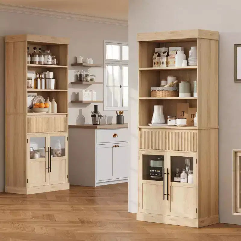 Glass Wave Storage Cabinet, Semi-Open Storage Cabinet, Retro Wooden Storage Cabinet with Adjustable Shelves for Living Room, Kitchen, Natural Wood