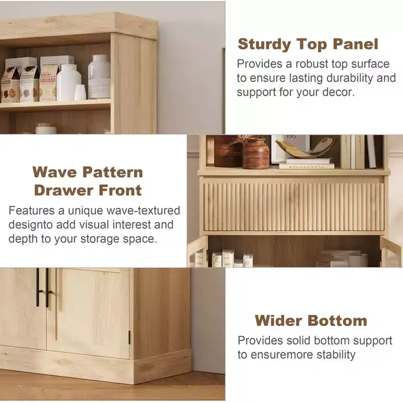 Glass Wave Storage Cabinet, Semi-Open Storage Cabinet, Retro Wooden Storage Cabinet with Adjustable Shelves for Living Room, Kitchen, Natural Wood