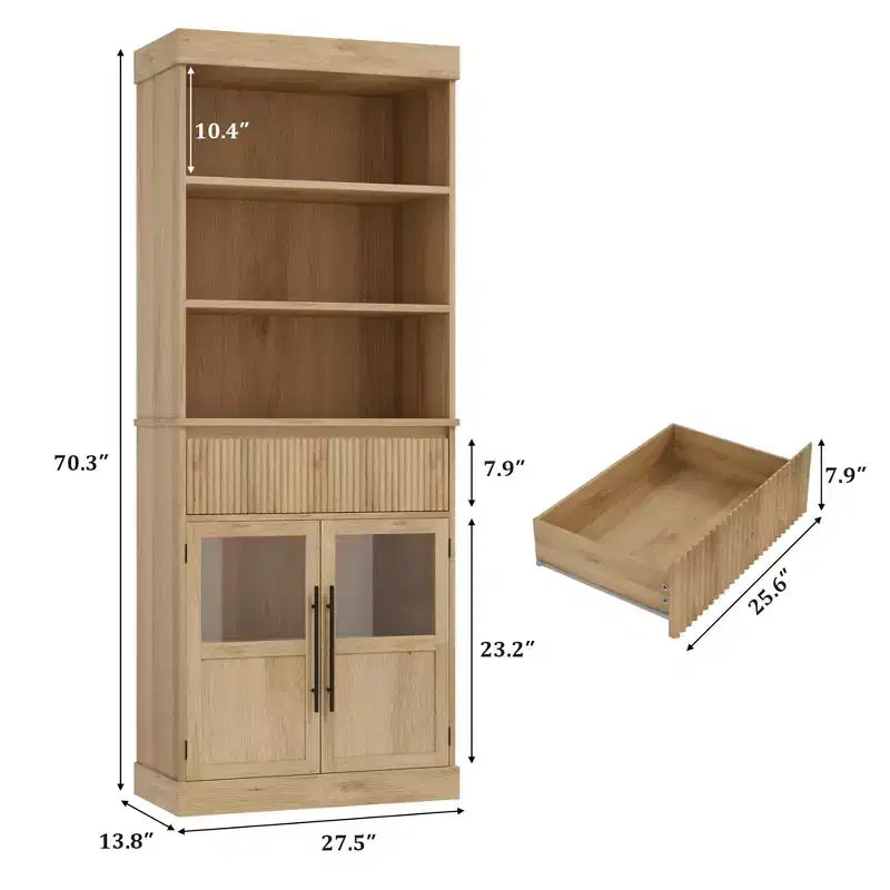Glass Wave Storage Cabinet, Semi-Open Storage Cabinet, Retro Wooden Storage Cabinet with Adjustable Shelves for Living Room, Kitchen, Natural Wood