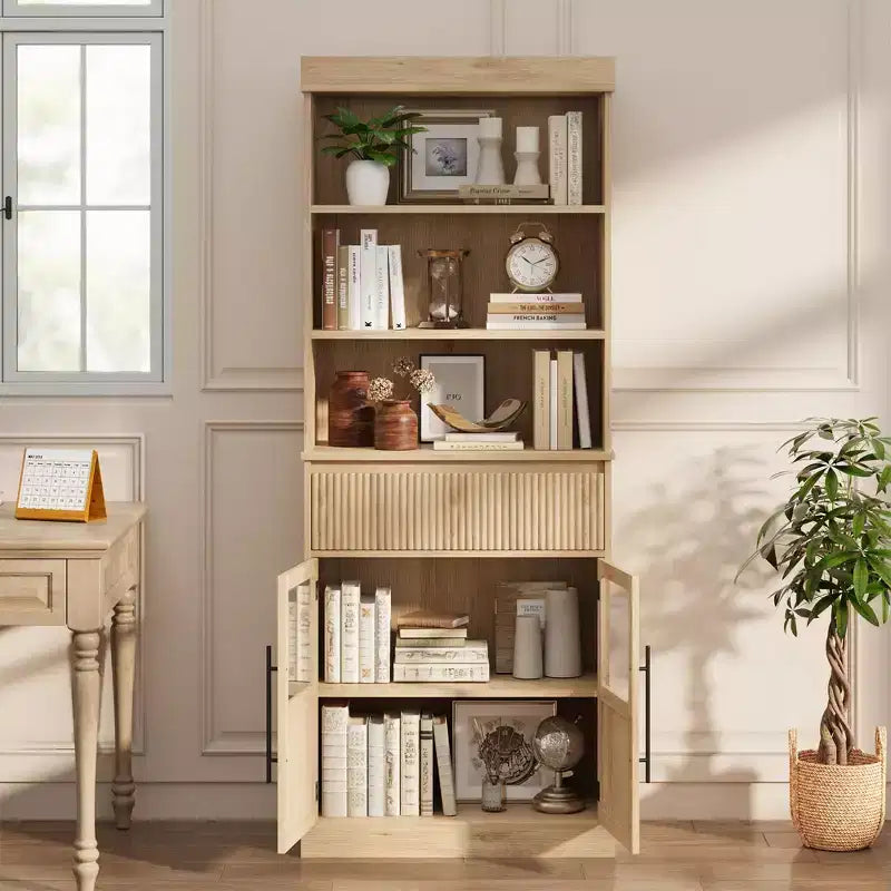 Glass Wave Storage Cabinet, Semi-Open Storage Cabinet, Retro Wooden Storage Cabinet with Adjustable Shelves for Living Room, Kitchen, Natural Wood