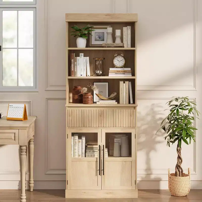 Glass Wave Storage Cabinet, Semi-Open Storage Cabinet, Retro Wooden Storage Cabinet with Adjustable Shelves for Living Room, Kitchen, Natural Wood
