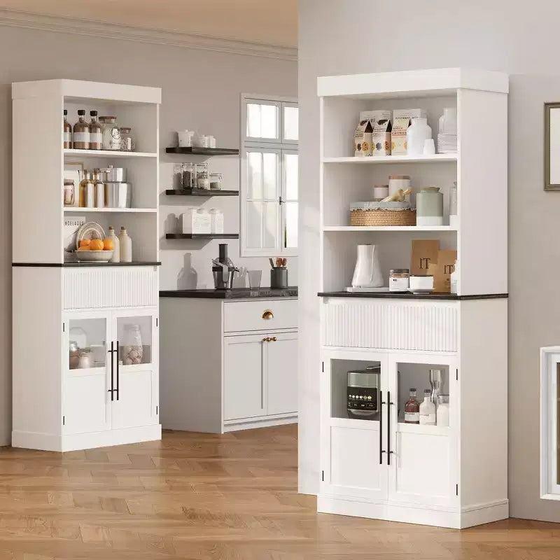 Glass Wave Storage Cabinet, Semi-Open Storage Cabinet, Retro Wooden Storage Cabinet with Adjustable Shelves for Living Room, Kitchen, Natural Wood