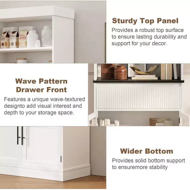 Glass Wave Storage Cabinet, Semi-Open Storage Cabinet, Retro Wooden Storage Cabinet with Adjustable Shelves for Living Room, Kitchen, Natural Wood