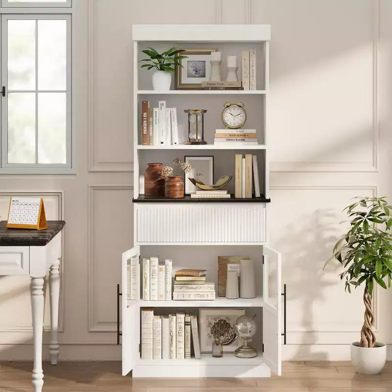 Glass Wave Storage Cabinet, Semi-Open Storage Cabinet, Retro Wooden Storage Cabinet with Adjustable Shelves for Living Room, Kitchen, Natural Wood