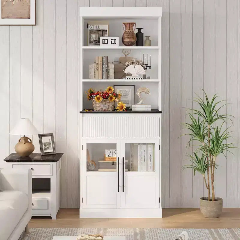 Glass Wave Storage Cabinet, Semi-Open Storage Cabinet, Retro Wooden Storage Cabinet with Adjustable Shelves for Living Room, Kitchen, Natural Wood