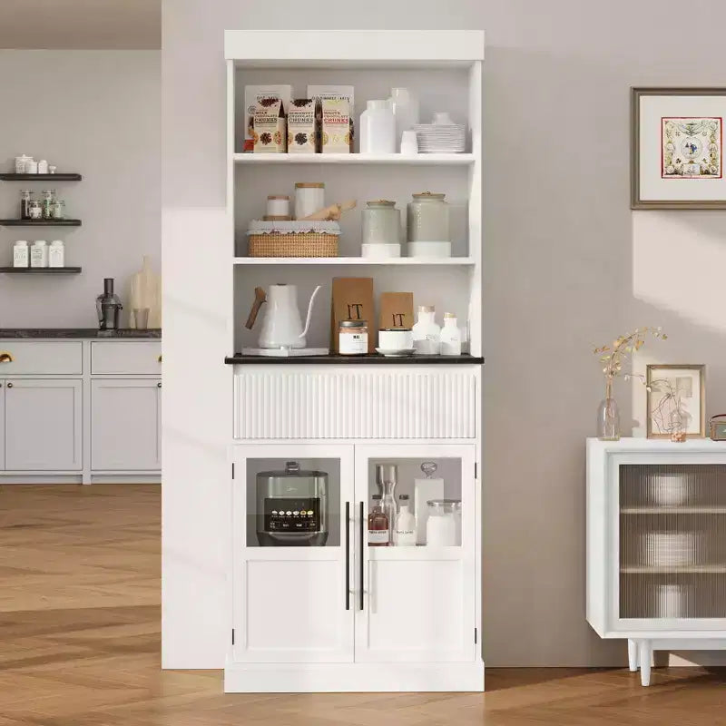 Glass Wave Storage Cabinet, Semi-Open Storage Cabinet, Retro Wooden Storage Cabinet with Adjustable Shelves for Living Room, Kitchen, Natural Wood