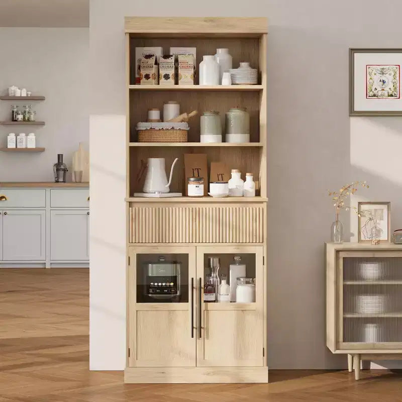 Glass Wave Storage Cabinet, Semi-Open Storage Cabinet, Retro Wooden Storage Cabinet with Adjustable Shelves for Living Room, Kitchen, Natural Wood