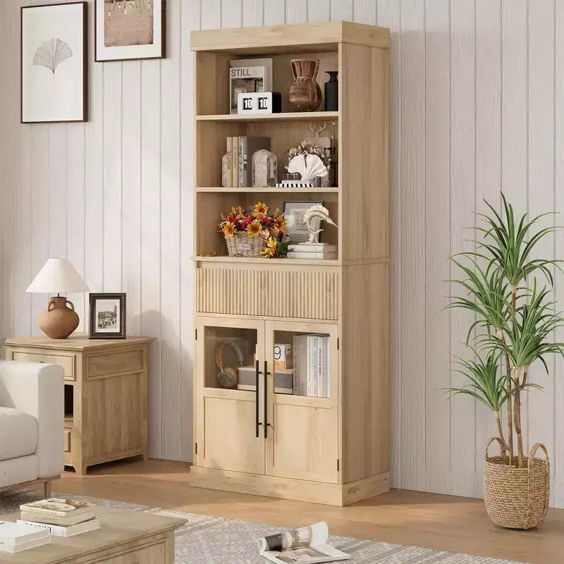 Glass Wave Storage Cabinet, Semi-Open Storage Cabinet, Retro Wooden Storage Cabinet with Adjustable Shelves for Living Room, Kitchen, Natural Wood