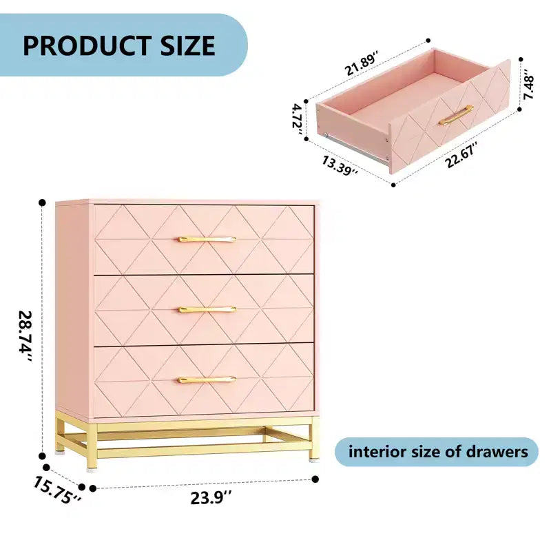 Three-drawer storage cabinet, bedside table with storage function, dressing table, gold handle, suitable for bedroom, living room and entrance