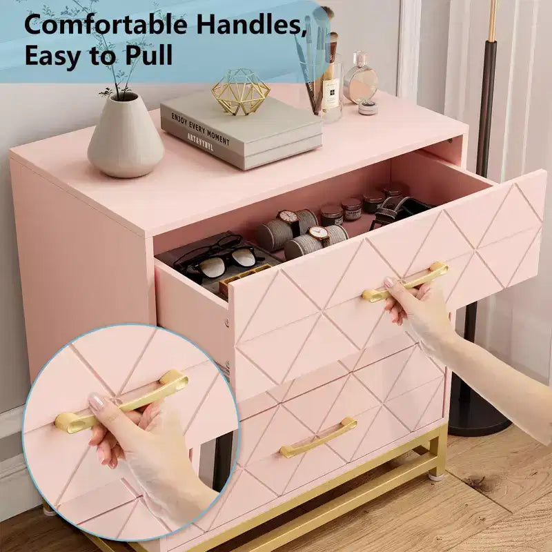 Three-drawer storage cabinet, bedside table with storage function, dressing table, gold handle, suitable for bedroom, living room and entrance
