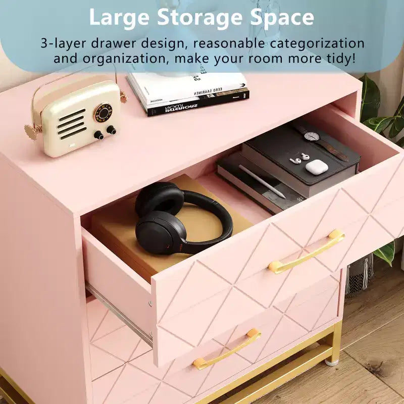 Three-drawer storage cabinet, bedside table with storage function, dressing table, gold handle, suitable for bedroom, living room and entrance