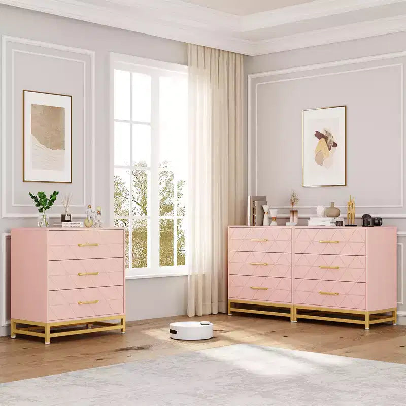 Three-drawer storage cabinet, bedside table with storage function, dressing table, gold handle, suitable for bedroom, living room and entrance