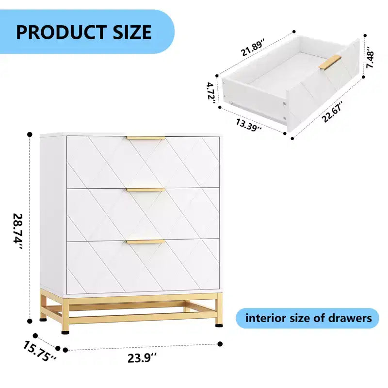 Three-drawer storage cabinet, bedside table with storage function, dressing table, gold handle, suitable for bedroom, living room and entrance