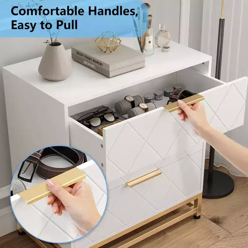 Three-drawer storage cabinet, bedside table with storage function, dressing table, gold handle, suitable for bedroom, living room and entrance