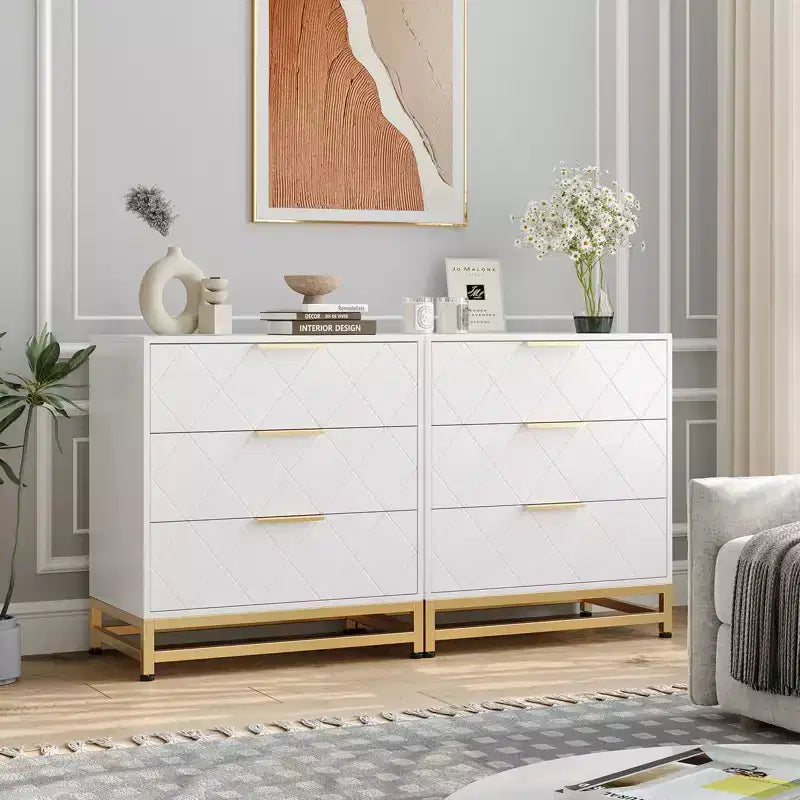 Three-drawer storage cabinet, bedside table with storage function, dressing table, gold handle, suitable for bedroom, living room and entrance