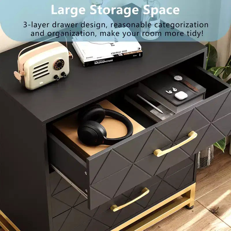 Three-drawer storage cabinet, bedside table with storage function, dressing table, gold handle, suitable for bedroom, living room and entrance